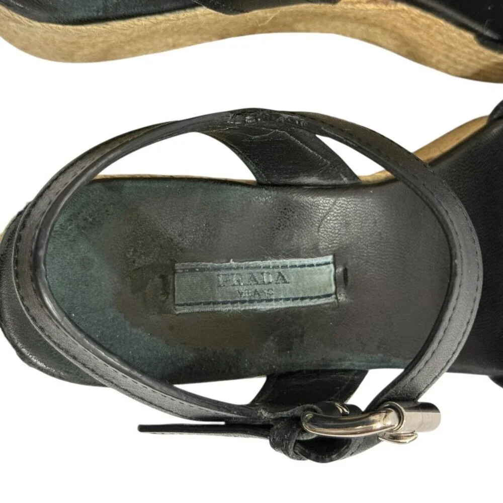 Prada Platform Espadrille Sandals Black Leather Open Toe Size EU 36.5/ US 6.5 - Picture 15 of 16